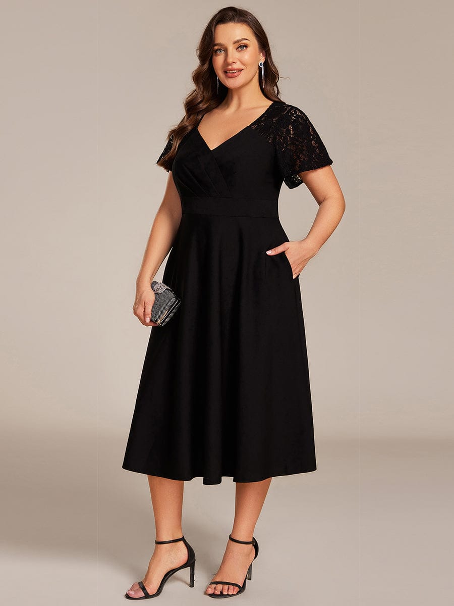 Sweetheart Neck Hollow Out Short Sleeve Midi Length Wedding Guest Dress With Pockets #color_Black