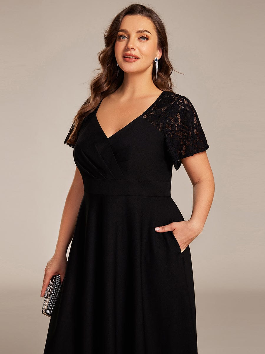 Sweetheart Neck Hollow Out Short Sleeve Midi Length Evening Dress With Pockets #color_Black