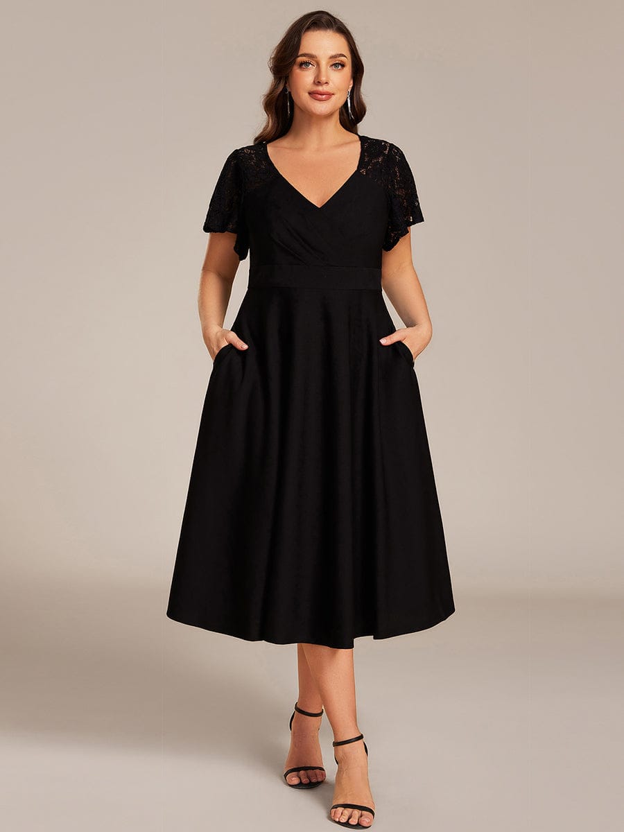 Sweetheart Neck Hollow Out Short Sleeve Midi Length Evening Dress With Pockets #color_Black