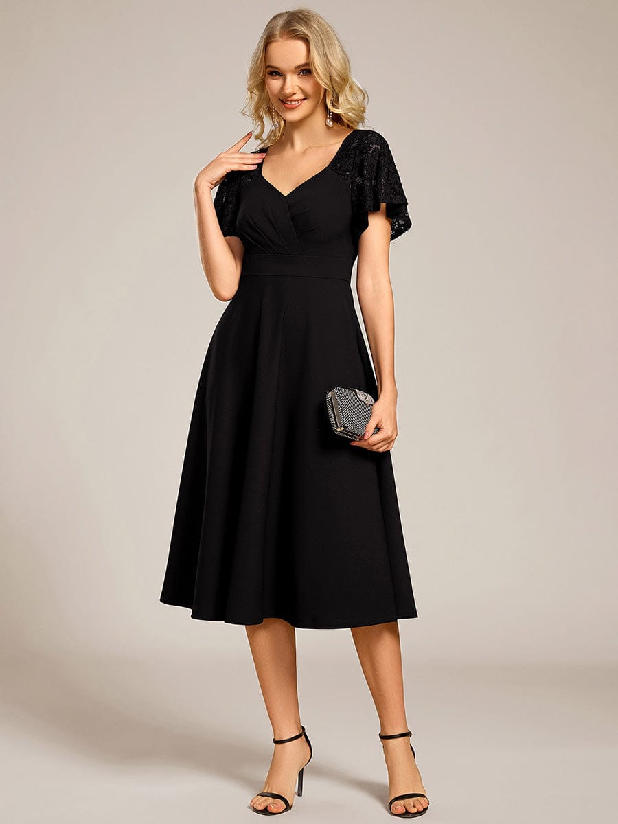 Sweetheart Neck Hollow Out Short Sleeve Midi Length Evening Dress With Pockets #color_Black