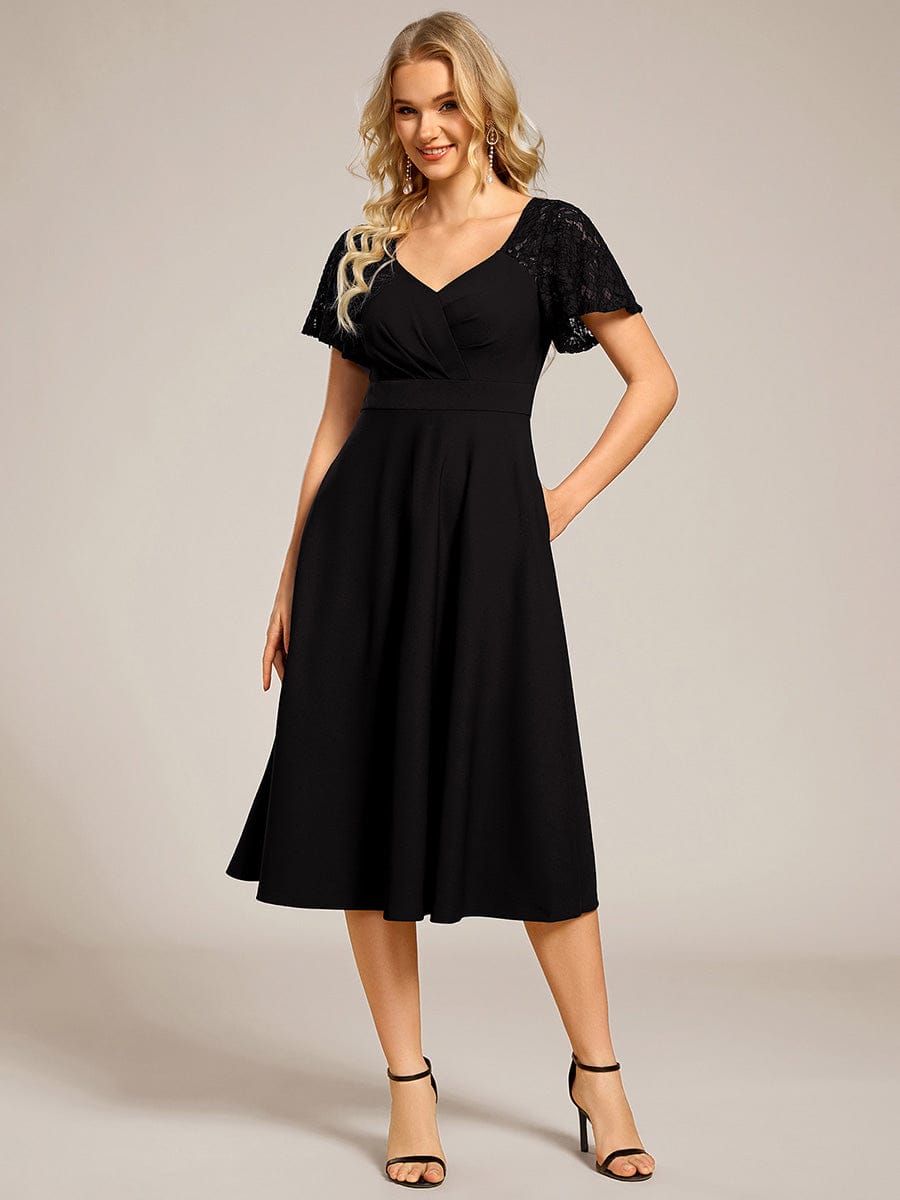 Sweetheart Neck Hollow Out Short Sleeve Midi Length Evening Dress With Pockets #color_Black