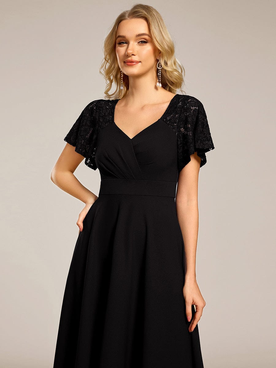 Sweetheart Neck Hollow Out Short Sleeve Midi Length Wedding Guest Dress With Pockets #color_Black