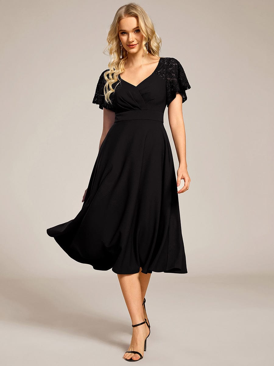 Sweetheart Neck Hollow Out Short Sleeve Midi Length Evening Dress With Pockets #color_Black