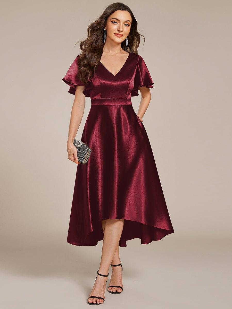 High-Low Satin Wedding Guest Dress with Pockets #color_Burgundy