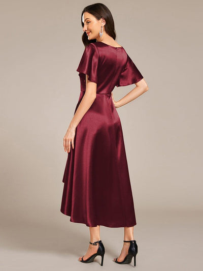 High-Low Satin Wedding Guest Dress with Pockets #color_Burgundy