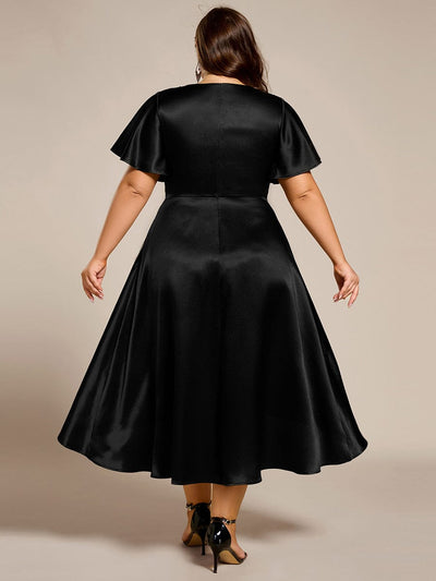 High-Low Satin Wedding Guest Dress with Pockets #color_Black