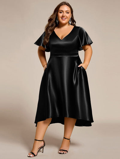High-Low Satin Wedding Guest Dress with Pockets #color_Black