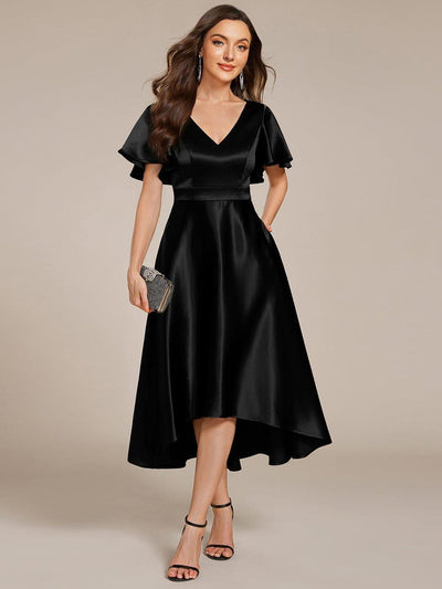 High-Low Satin Wedding Guest Dress with Pockets #color_Black