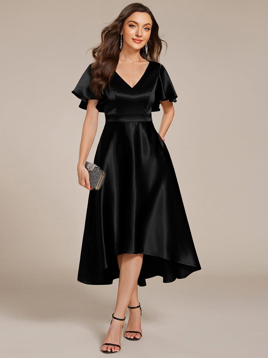 High-Low Satin Bridesmaid Dress with Pockets #color_Black