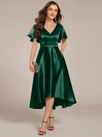 High-Low Satin Bridesmaid Dress with Pockets #color_Dark Green