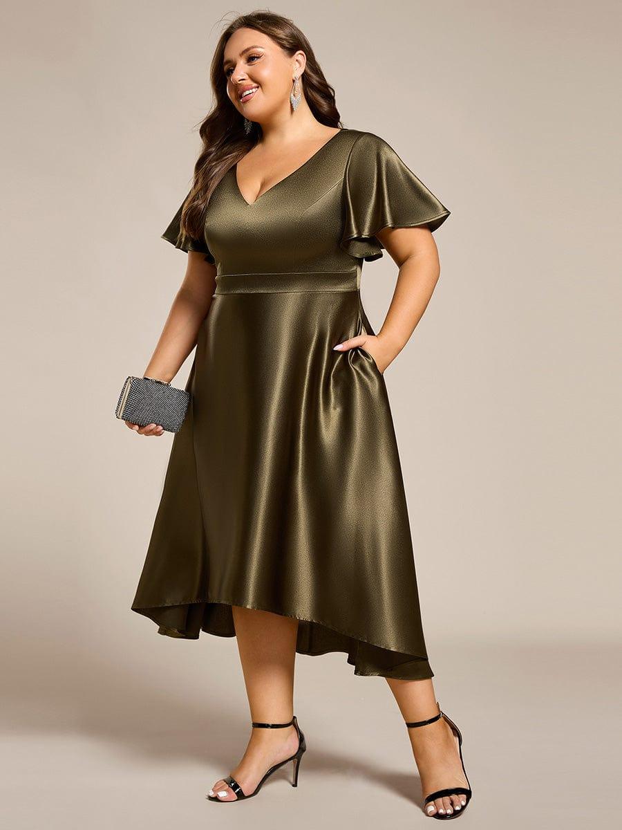 High-Low Satin Bridesmaid Dress with Pockets #color_Olive Green