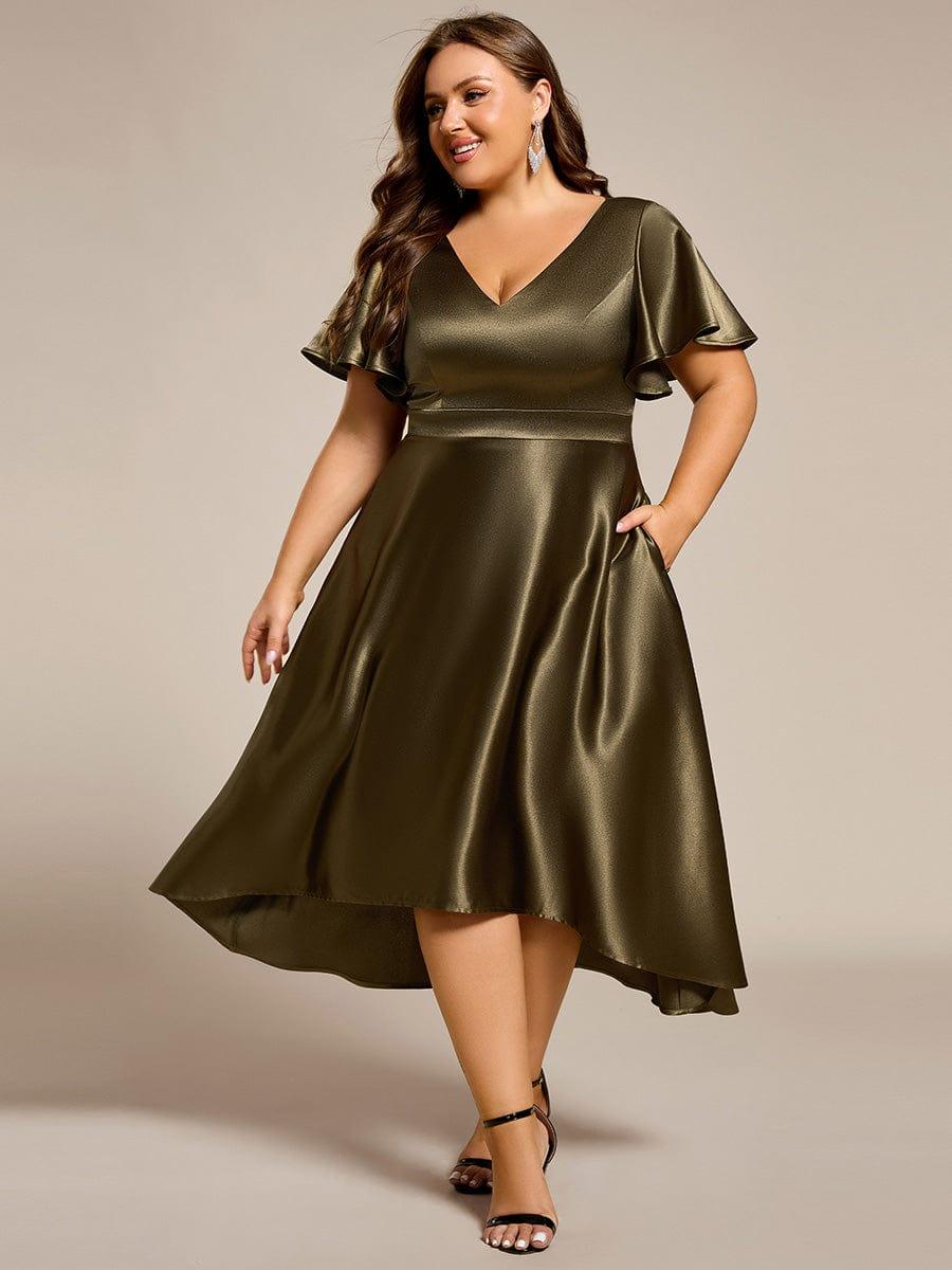 High-Low Satin Bridesmaid Dress with Pockets #color_Olive Green