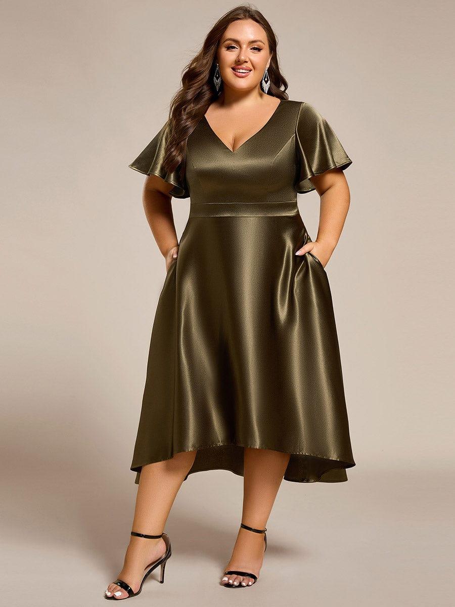 High-Low Satin Bridesmaid Dress with Pockets #color_Olive Green