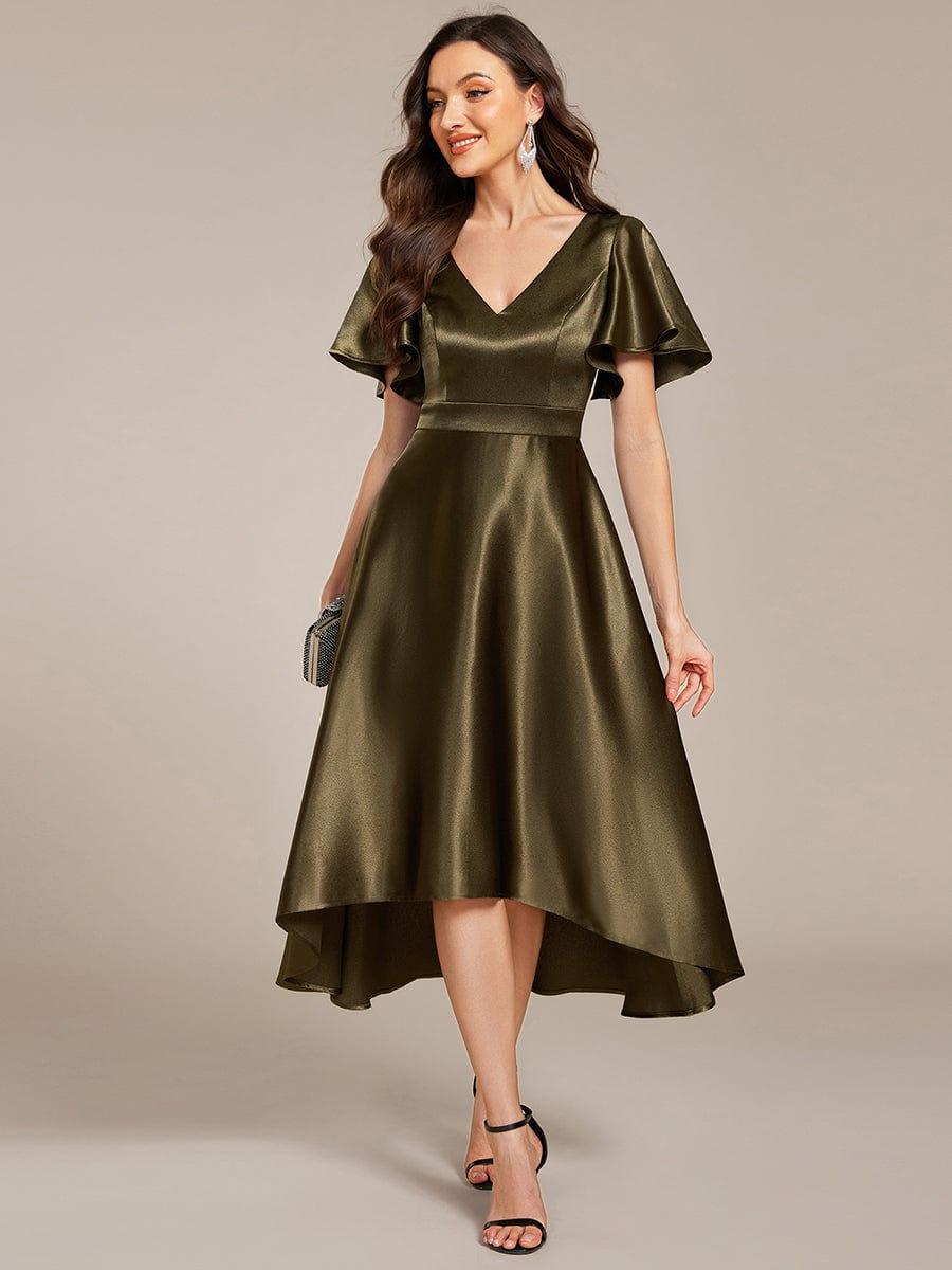 High-Low Satin Bridesmaid Dress with Pockets #color_Olive Green