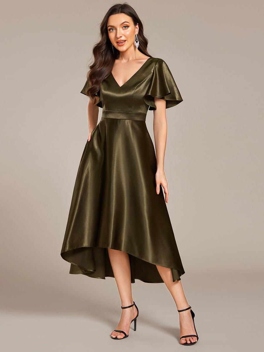 High-Low Satin Bridesmaid Dress with Pockets #color_Olive Green