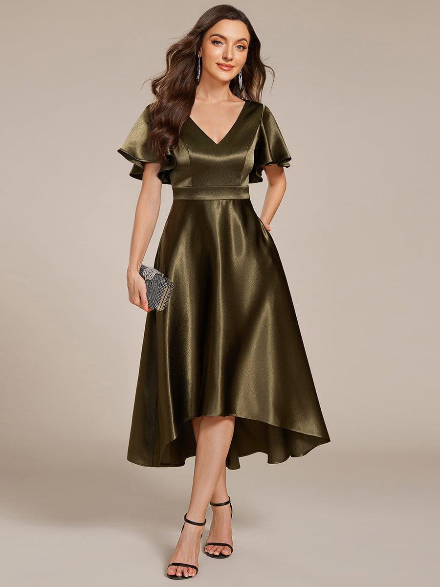 High-Low Satin Bridesmaid Dress with Pockets #color_Olive Green