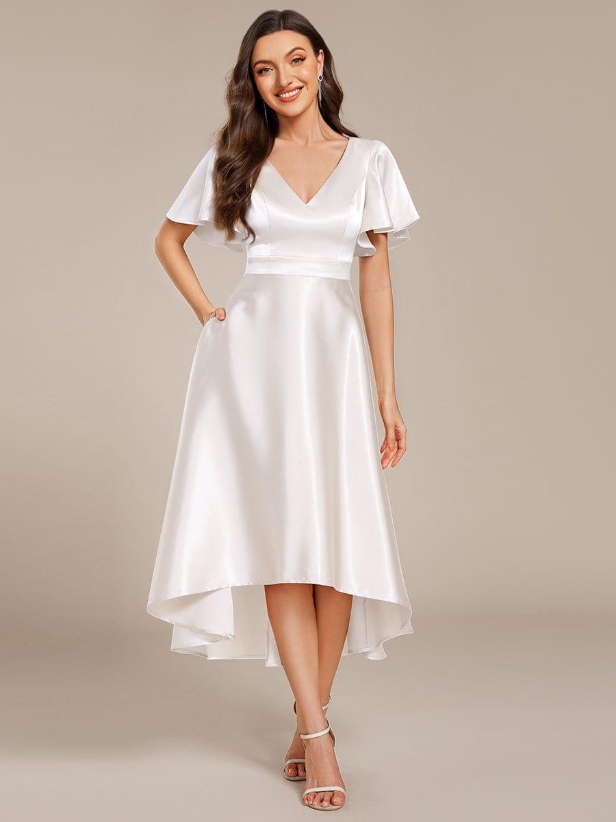 High-Low Satin Bridesmaid Dress with Pockets #color_White