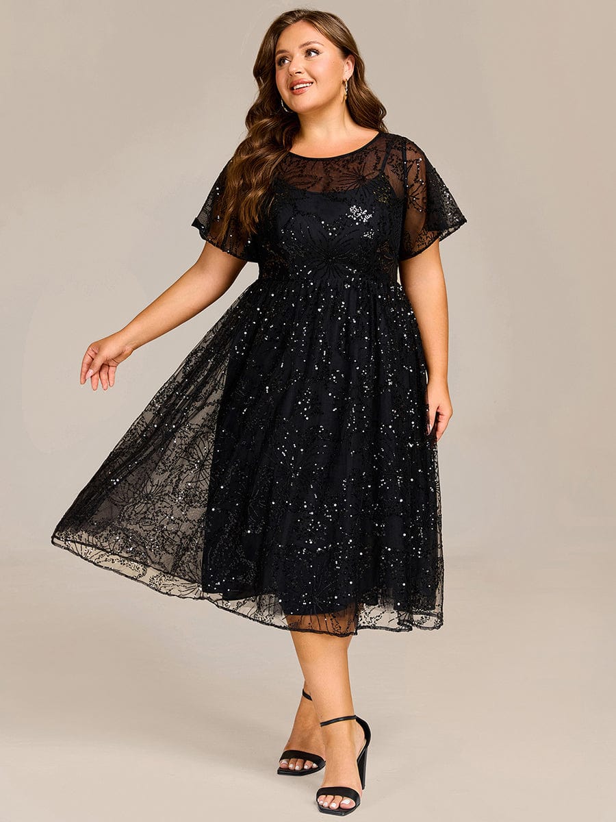 Sequin Sequin Ruffle Sleeve Wedding Guest Dress #color_Black