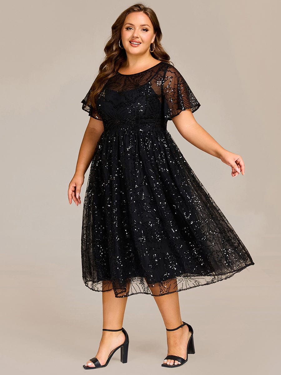 Sequin Sequin Ruffle Sleeve Wedding Guest Dress #color_Black