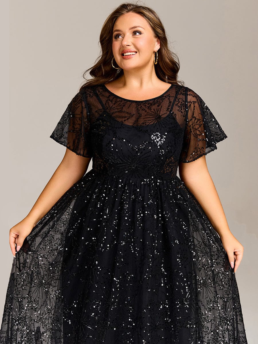 Sequin Sequin Ruffle Sleeve Wedding Guest Dress #color_Black