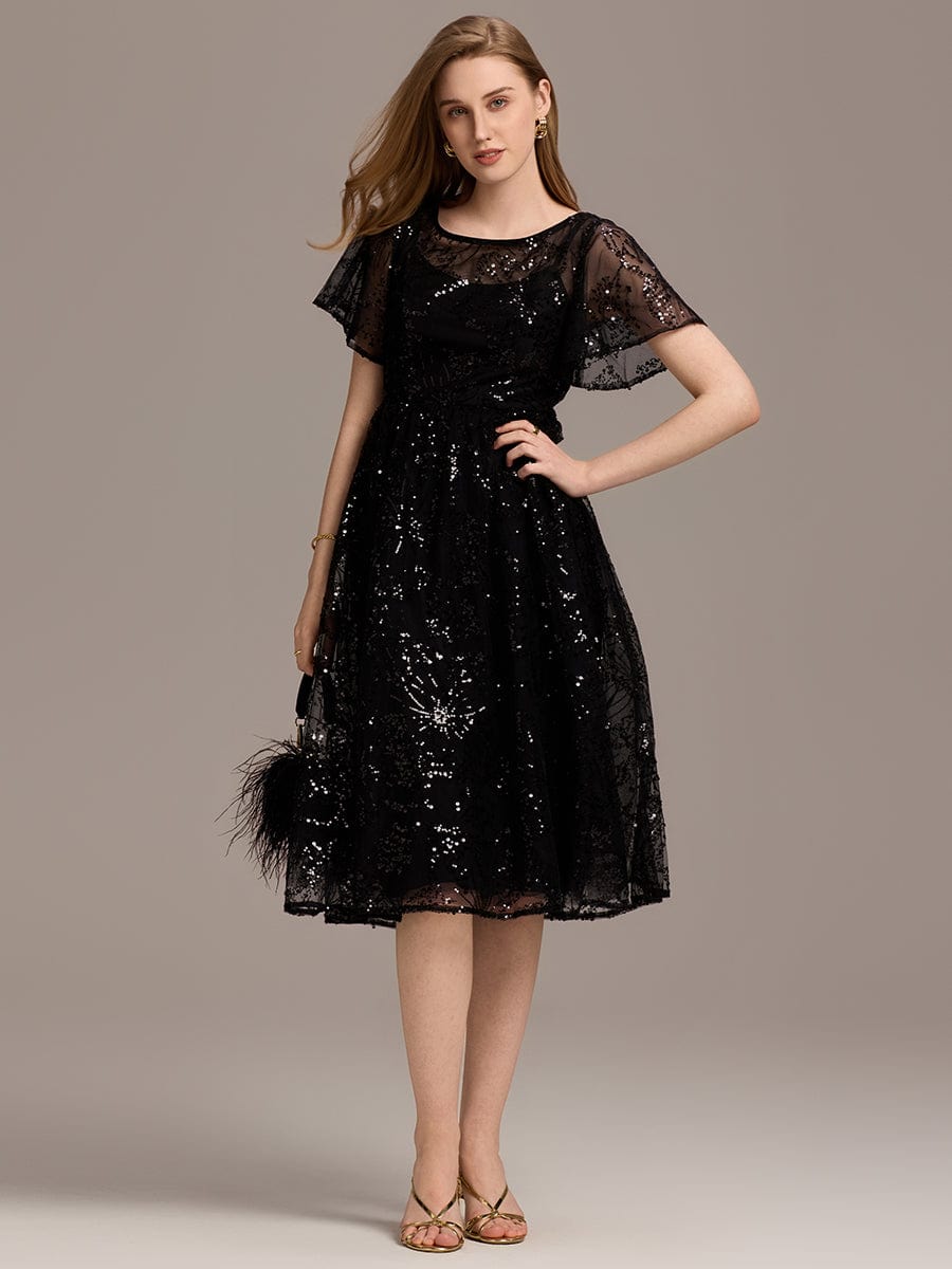 Sequin Sequin Ruffle Sleeve Wedding Guest Dress #color_Black