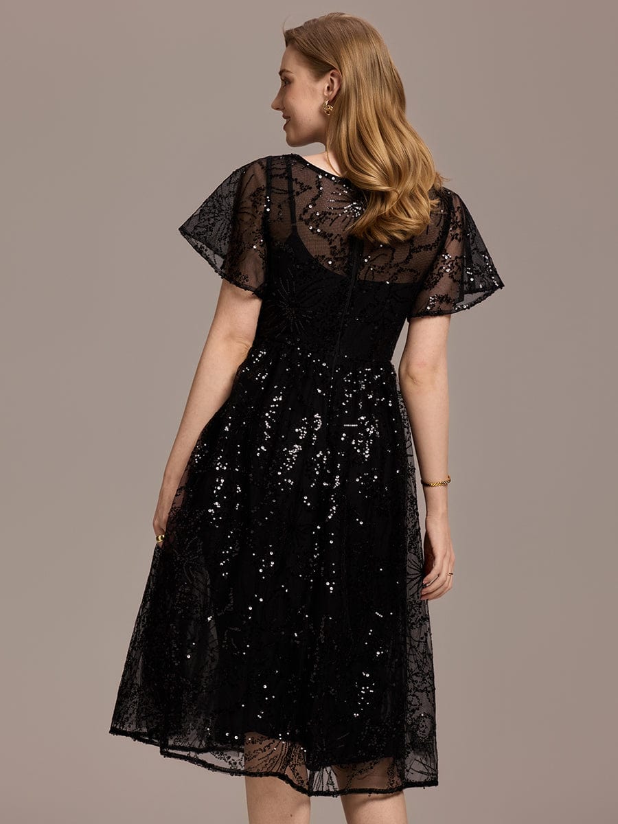 Sequin Sequin Ruffle Sleeve Wedding Guest Dress #color_Black