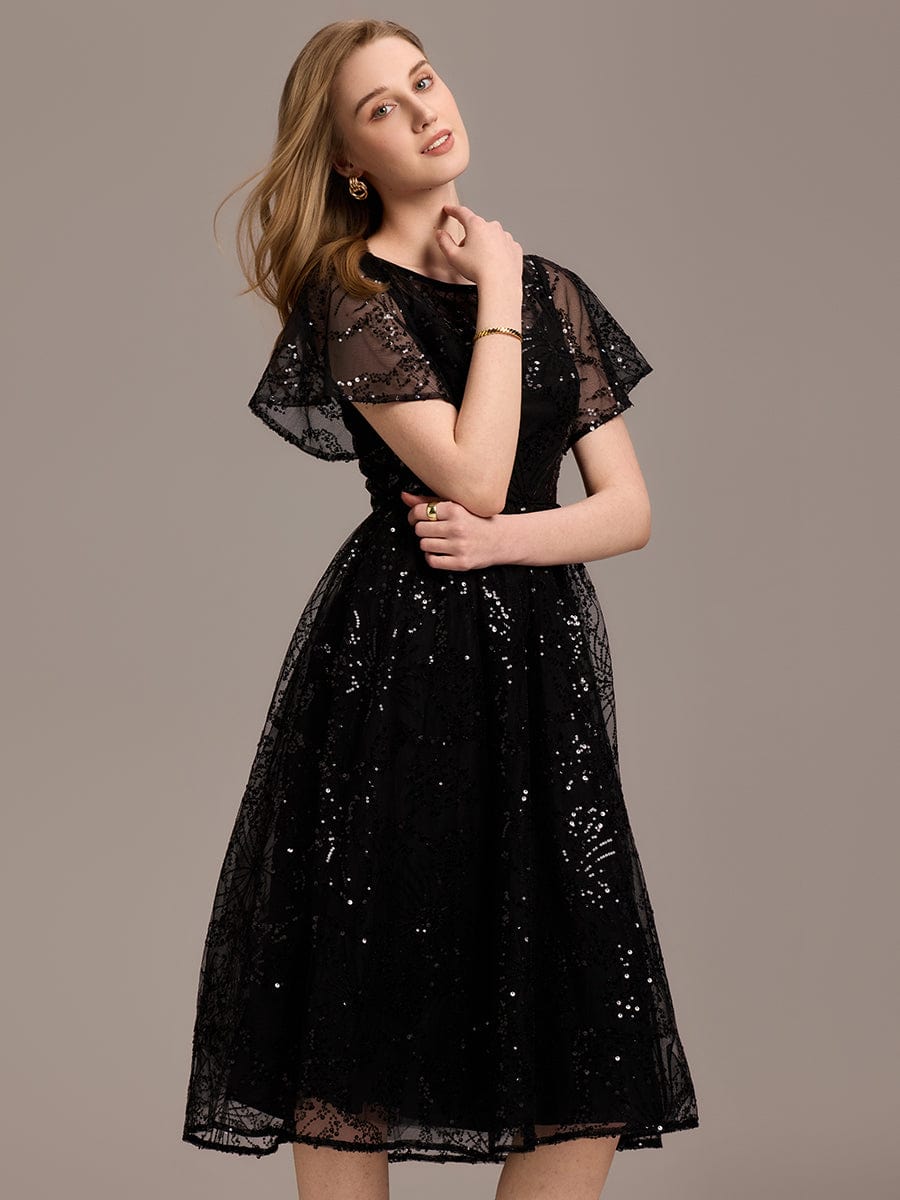 Sequin Sequin Ruffle Sleeve Wedding Guest Dress #color_Black