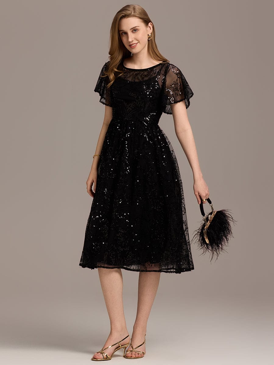 Sequin Sequin Ruffle Sleeve Wedding Guest Dress #color_Black