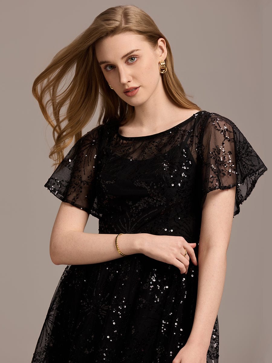 Sequin Sequin Ruffle Sleeve Wedding Guest Dress #color_Black