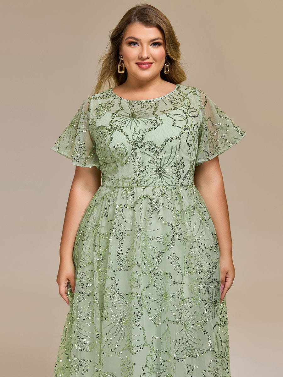 Sequin Sequin Ruffle Sleeve Wedding Guest Dress #color_Mint Green