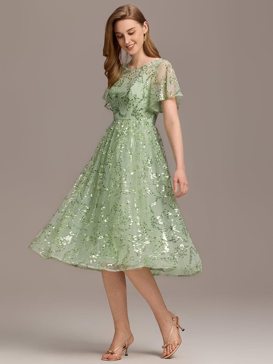 Sequin Sequin Ruffle Sleeve Wedding Guest Dress #color_Mint Green