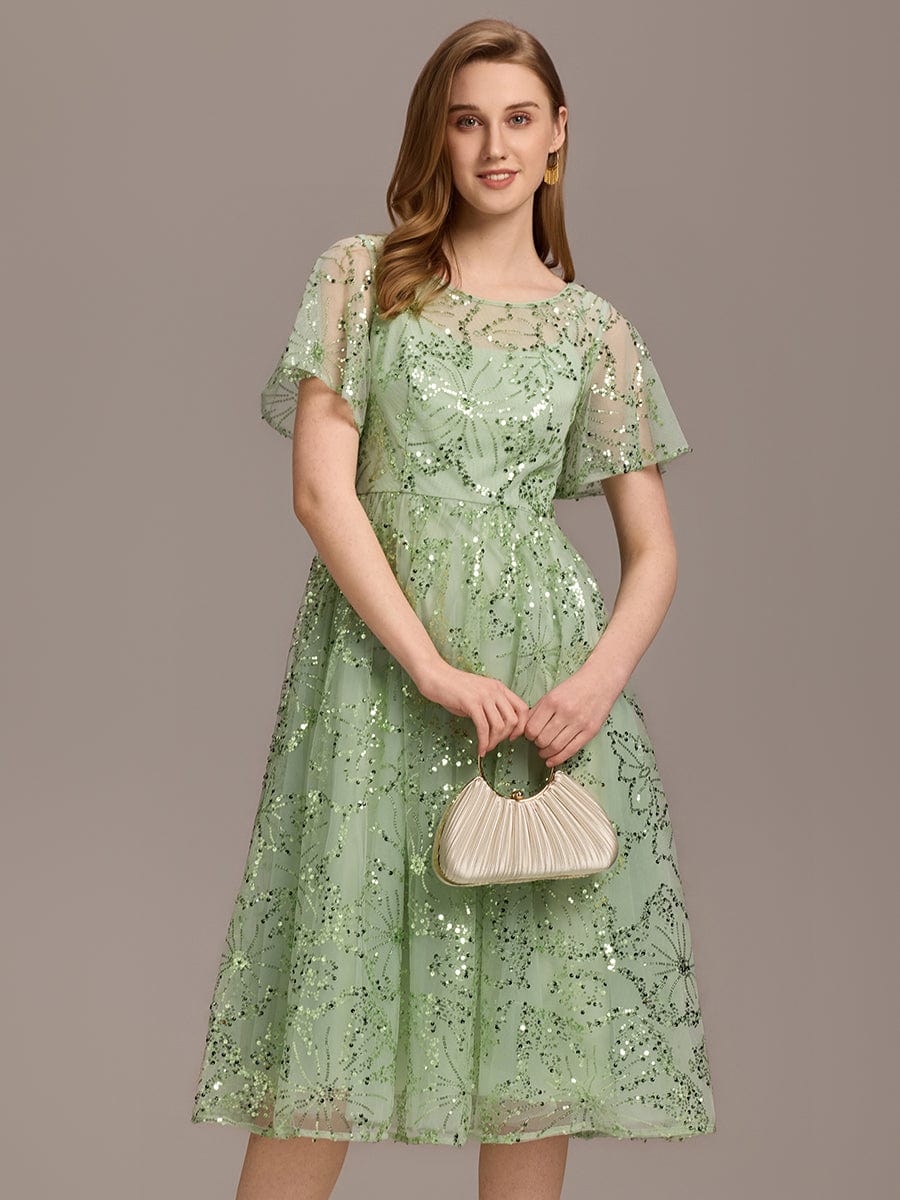 Sequin Sequin Ruffle Sleeve Wedding Guest Dress #color_Mint Green