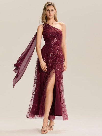 Flowing Ribbons Sequin Sleeveless Wedding Guest Dress #color_Burgundy