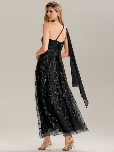 Flowing Ribbons Sequin Sleeveless Wedding Guest Dress #color_Black
