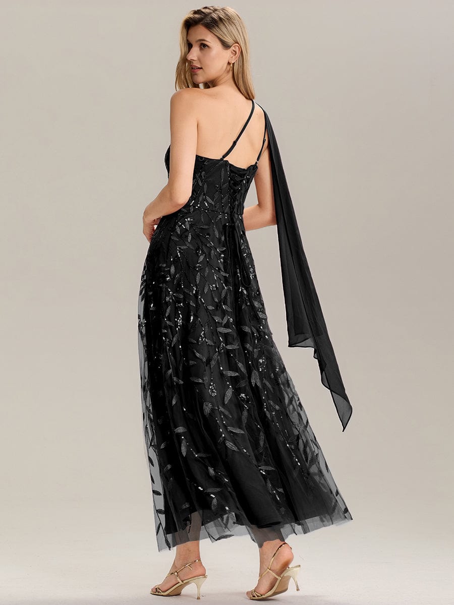 Flowing Ribbons Sequin Sleeveless Wedding Guest Dress #color_Black