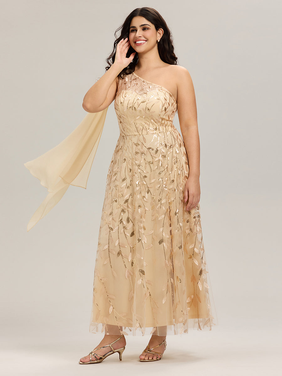Flowing Ribbons Sequin Sleeveless Wedding Guest Dress #color_Gold