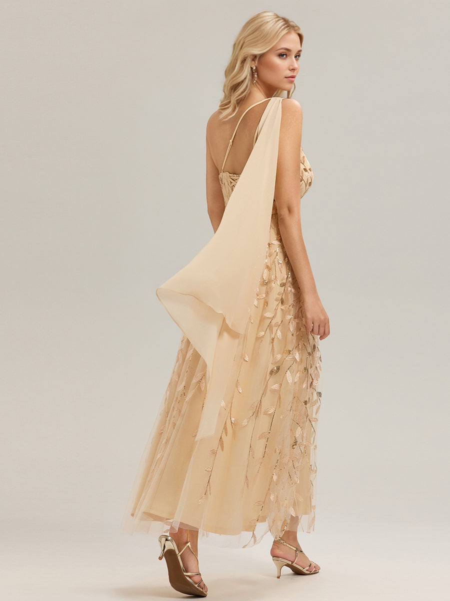 Flowing Ribbons Sequin Sleeveless Wedding Guest Dress #color_Gold