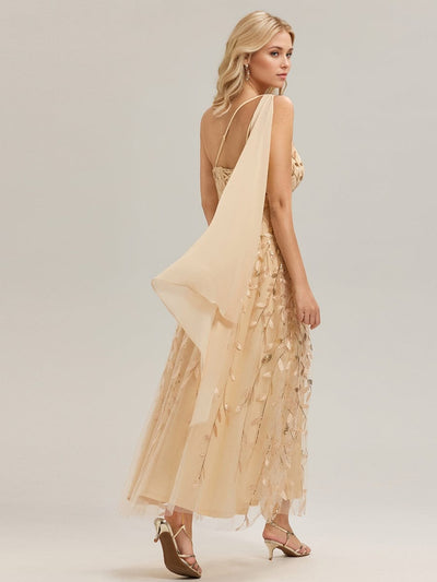 Flowing Ribbons Sequin Sleeveless Wedding Guest Dress #color_Gold
