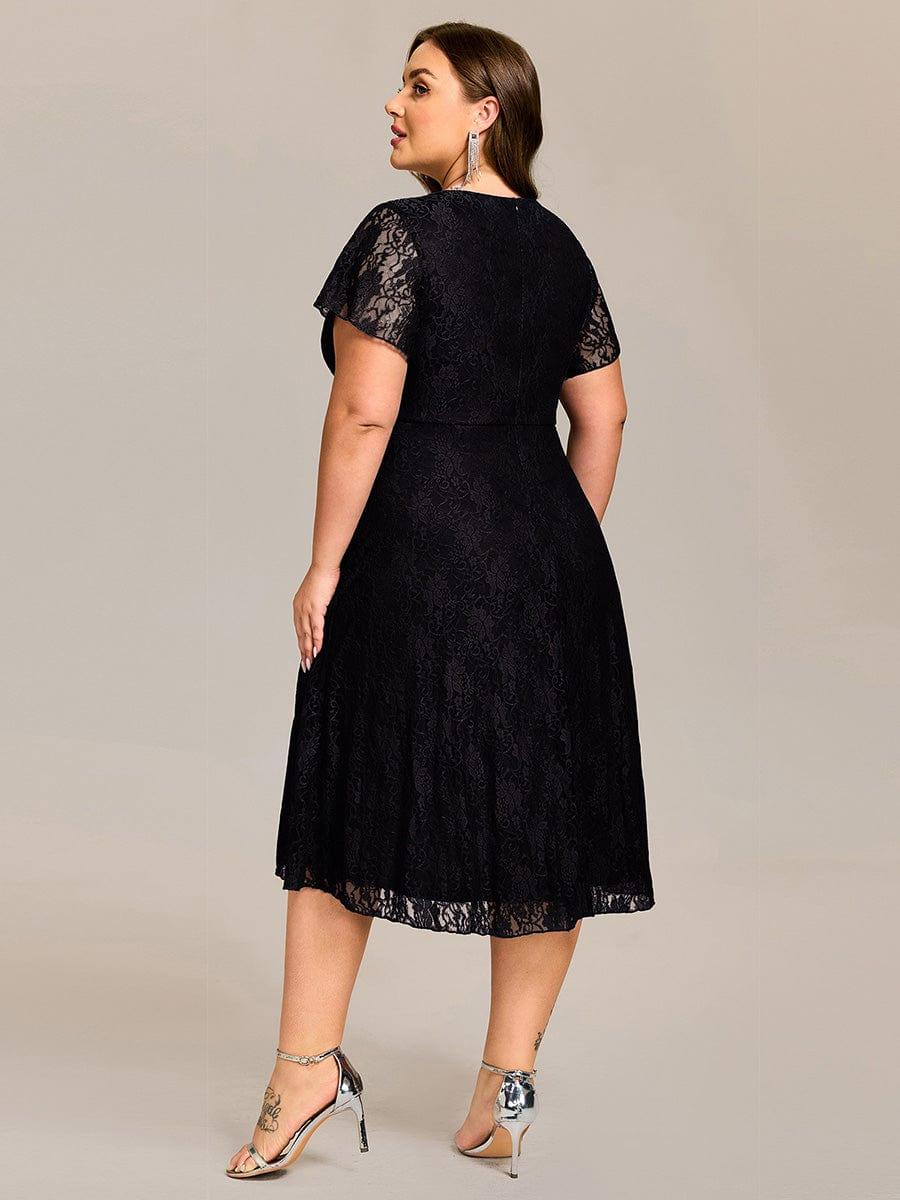 V-Neck Lace Lotus Leaf Ruffles Sleeve Midi Length Evening Dress #color_Black