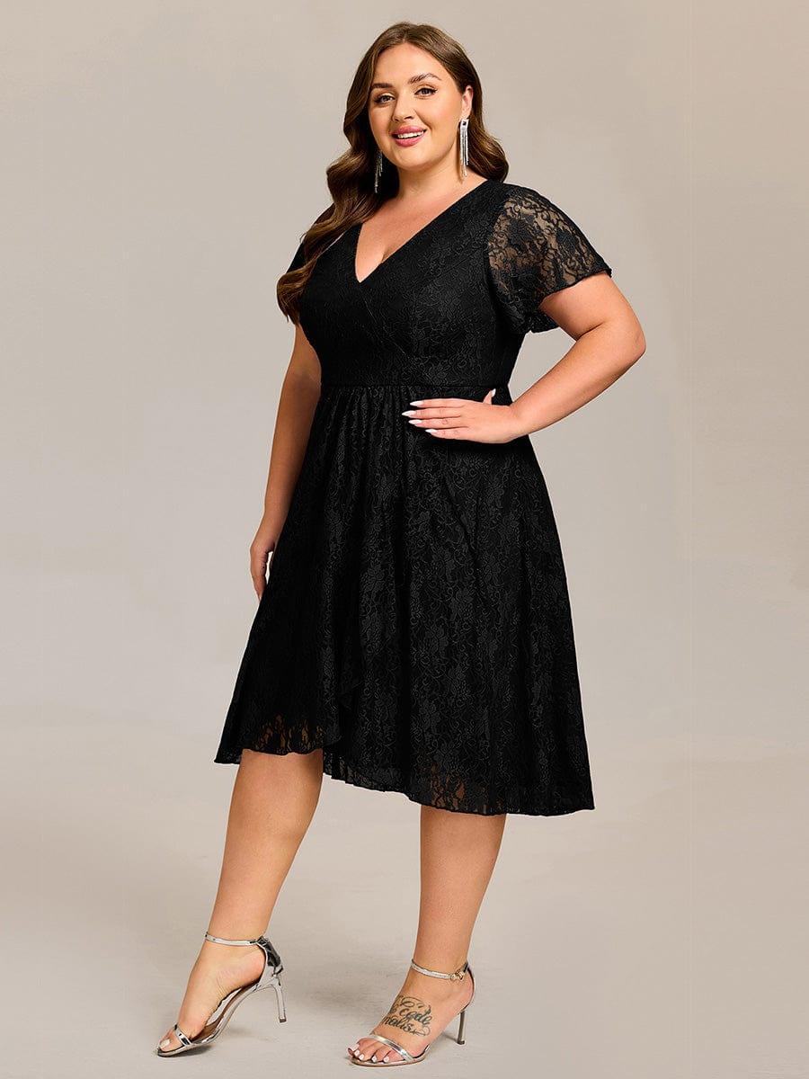 V-Neck Lace Lotus Leaf Ruffles Sleeve Midi Length Evening Dress #color_Black