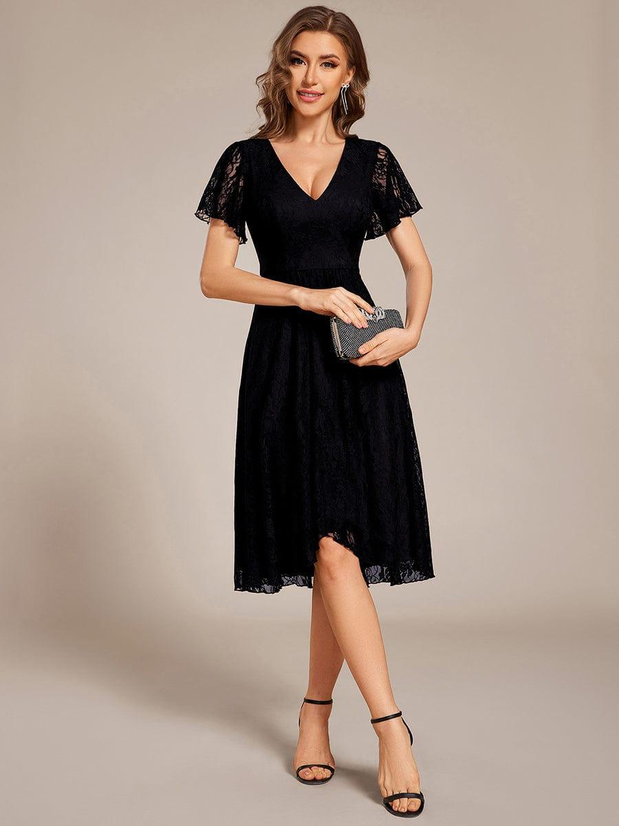 V-Neck Lace Lotus Leaf Ruffles Sleeve Midi Length Evening Dress #color_Black