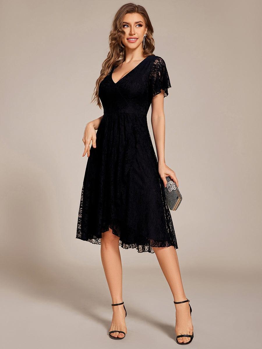 V-Neck Lace Lotus Leaf Ruffles Sleeve Midi Length Evening Dress #color_Black