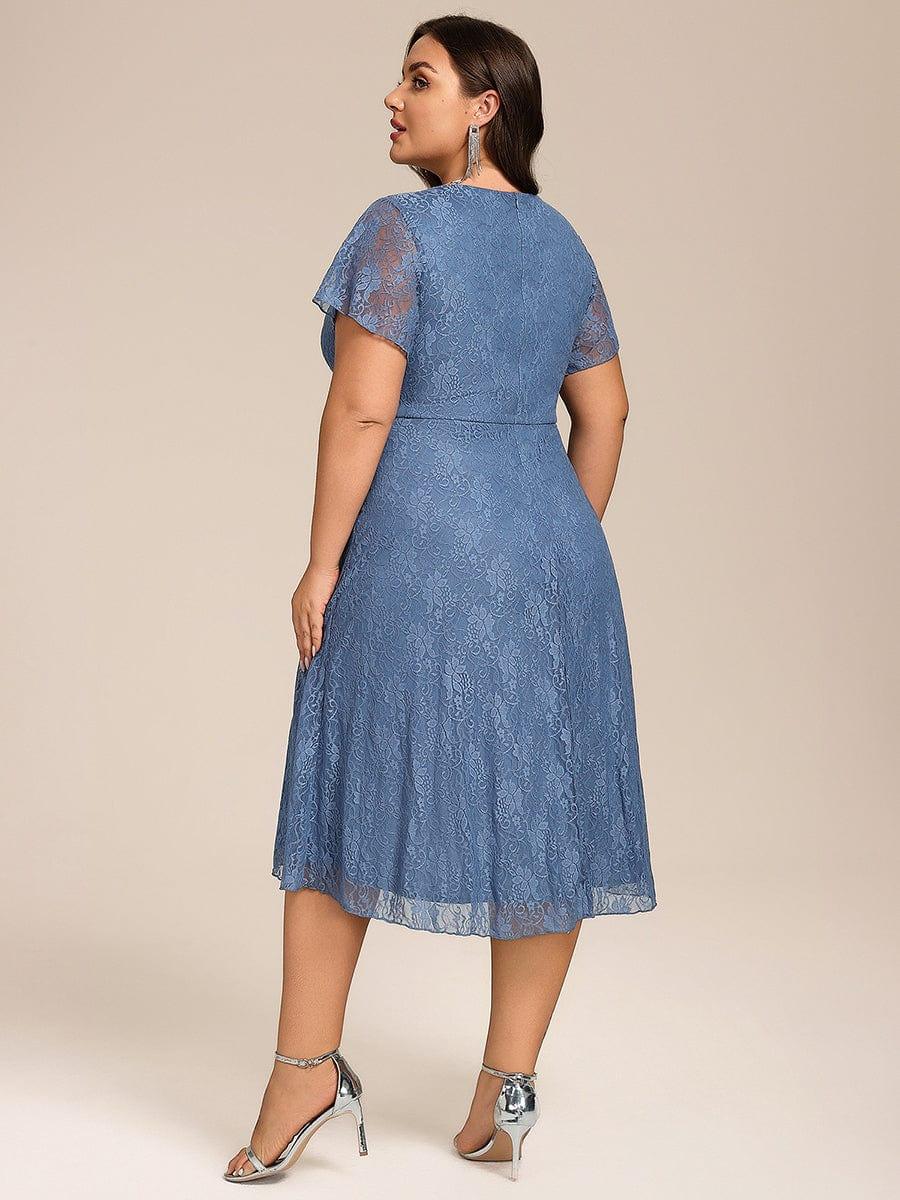 V-Neck Lace Lotus Leaf Ruffles Sleeve Midi Length Evening Dress #color_Dusty Blue