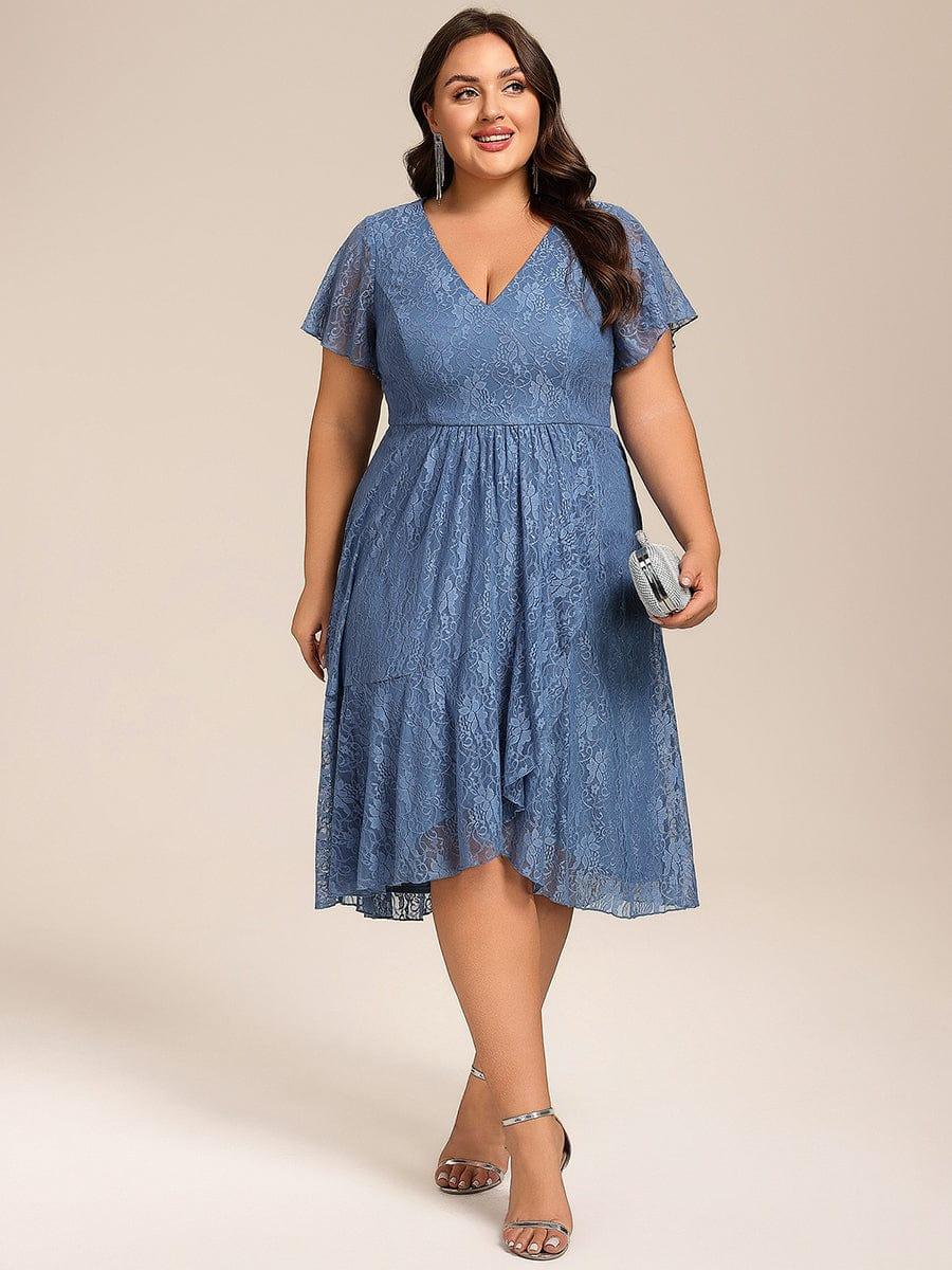V-Neck Lace Lotus Leaf Ruffles Sleeve Midi Length Evening Dress #color_Dusty Blue
