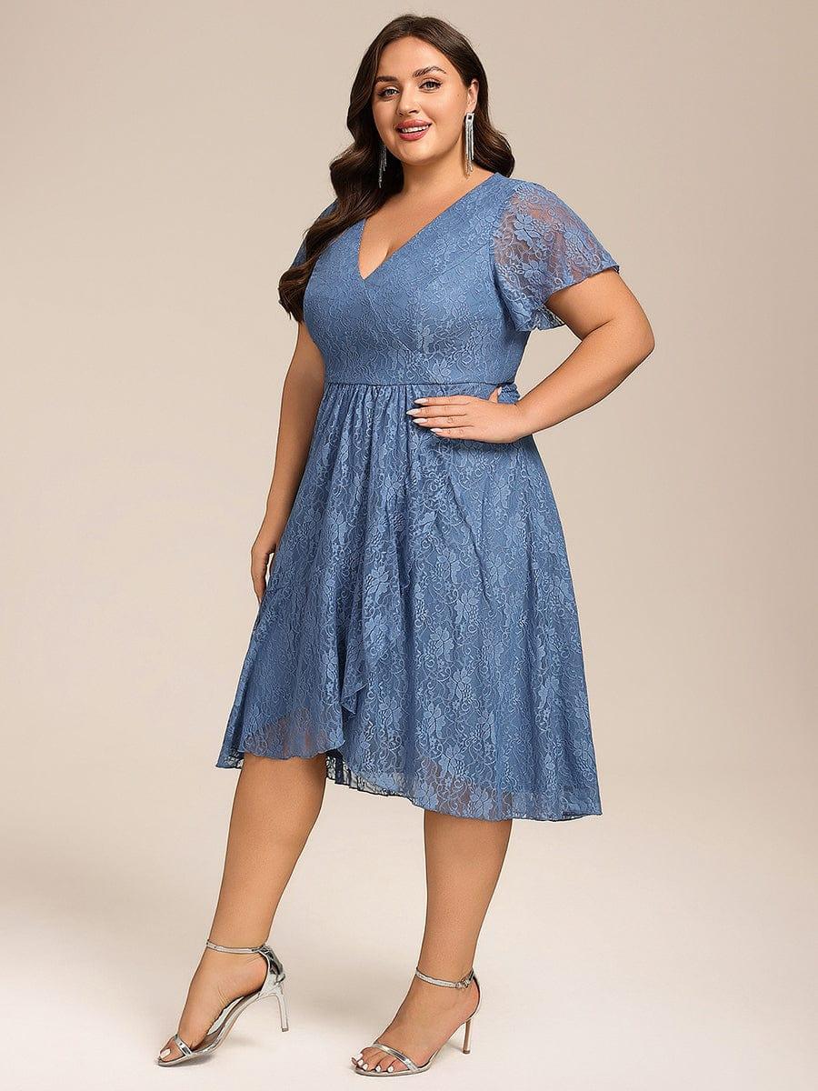 V-Neck Lace Lotus Leaf Ruffles Sleeve Midi Length Evening Dress #color_Dusty Blue