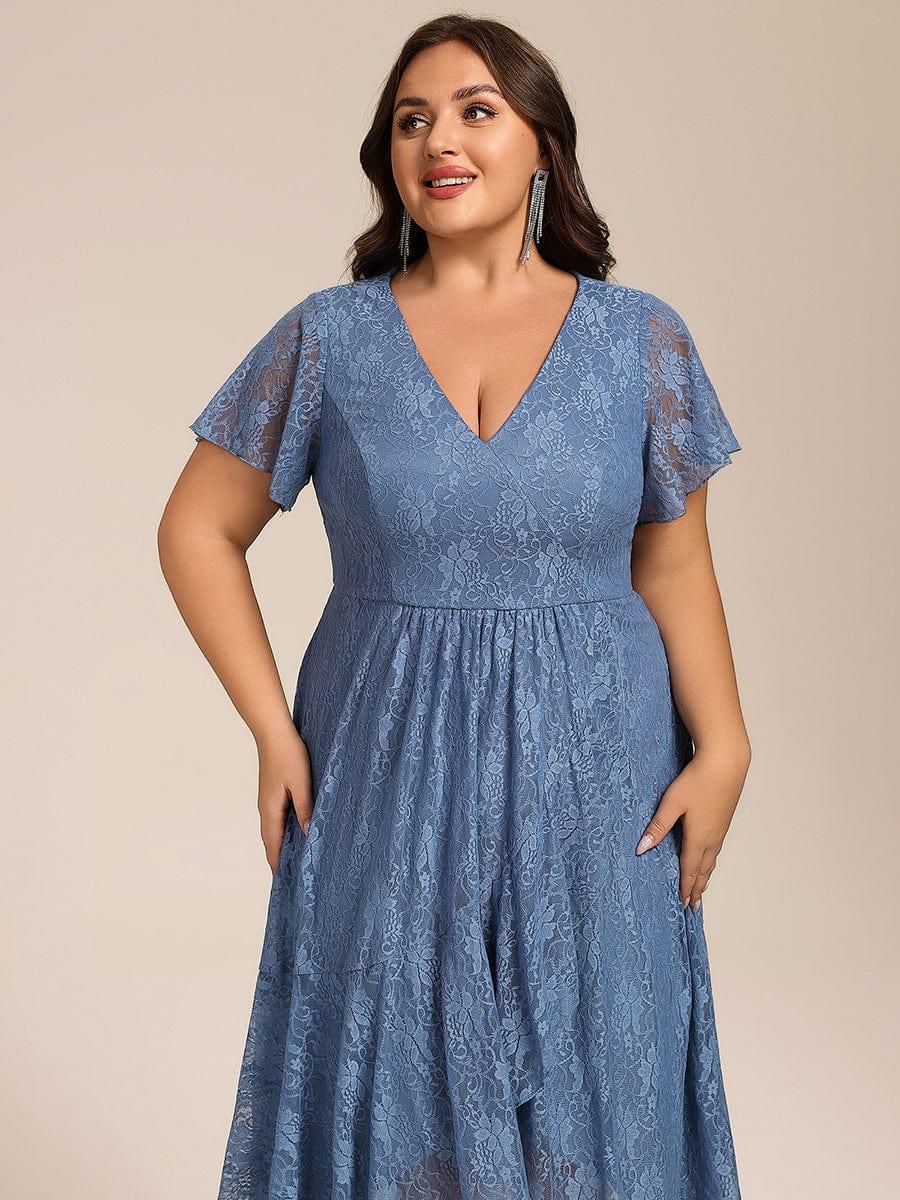 V-Neck Lace Lotus Leaf Ruffles Sleeve Midi Length Evening Dress #color_Dusty Blue