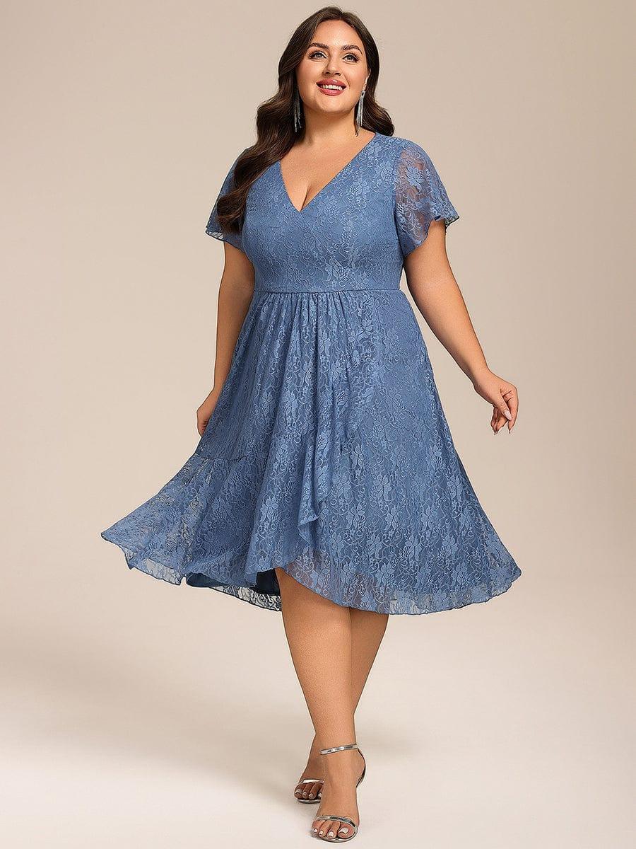 V-Neck Lace Lotus Leaf Ruffles Sleeve Midi Length Evening Dress #color_Dusty Blue