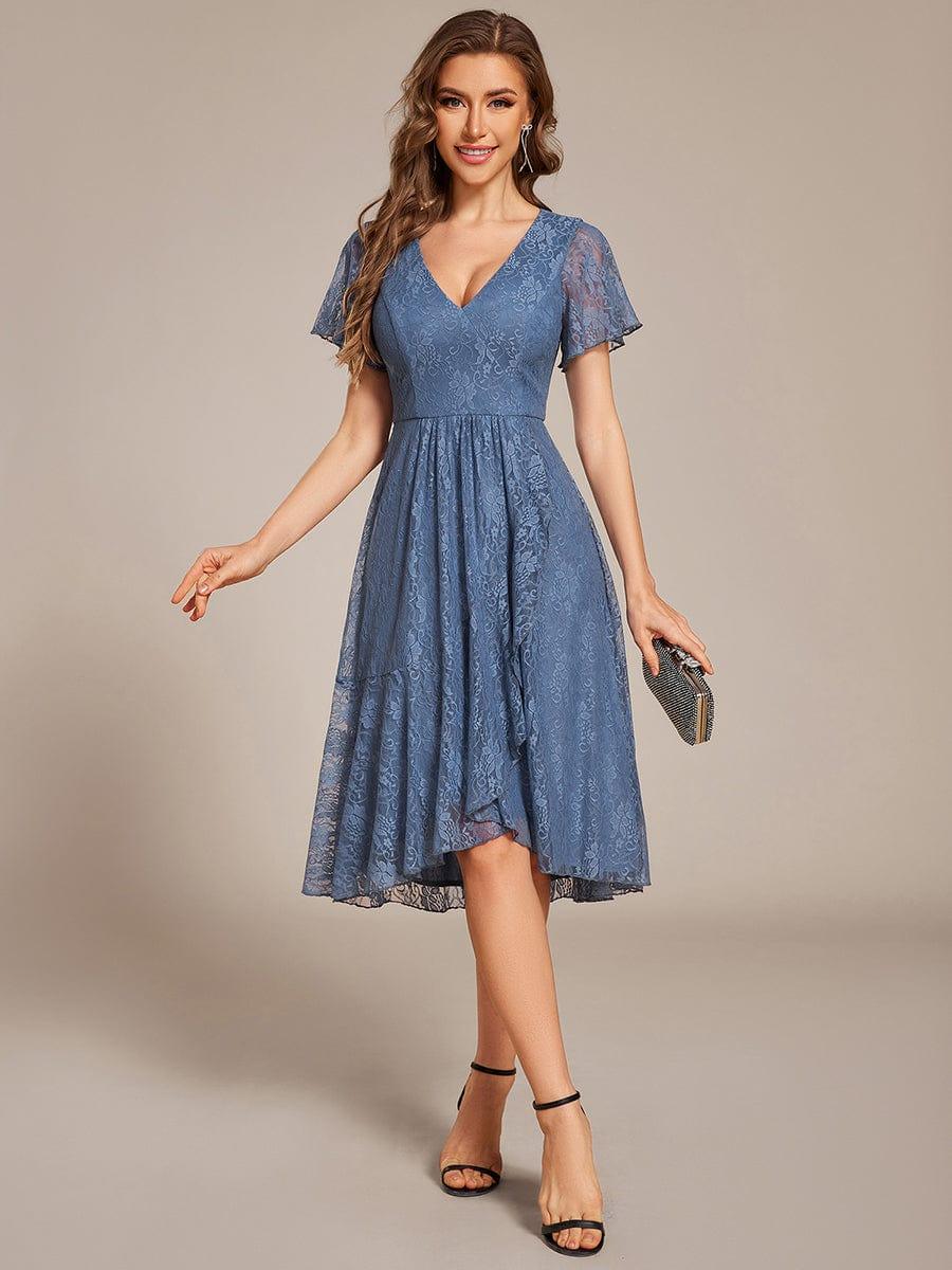 V-Neck Lace Lotus Leaf Ruffles Sleeve Midi Length Evening Dress #color_Dusty Blue