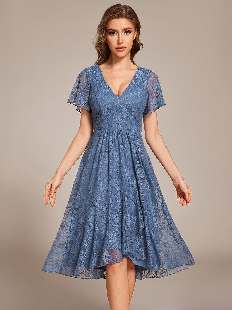 V-Neck Lace Lotus Leaf Ruffles Sleeve Midi Length Evening Dress #color_Dusty Blue