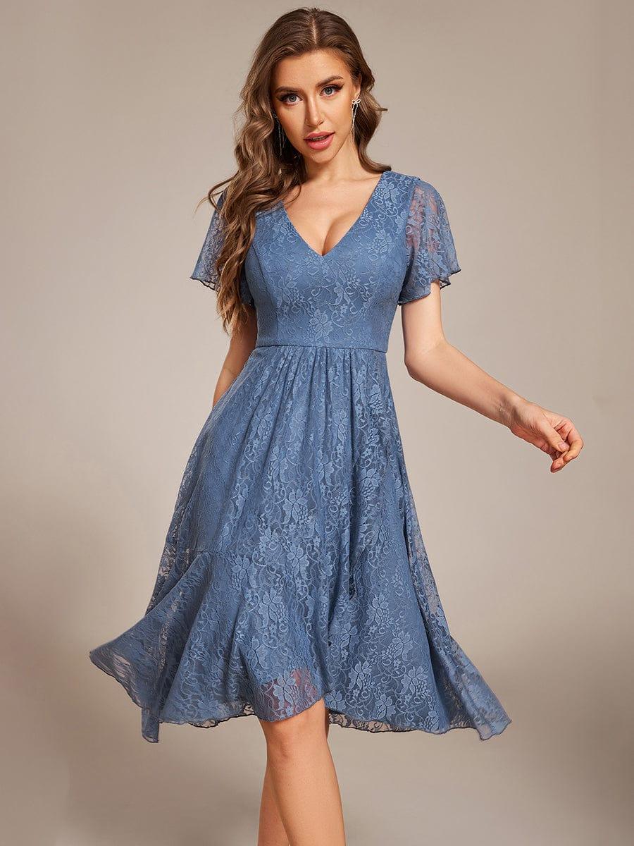 V-Neck Lace Lotus Leaf Ruffles Sleeve Midi Length Evening Dress #color_Dusty Blue